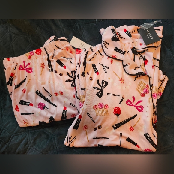 NWT Kate Spade Pink Makeup Print Long Sleeve Pajama Set Size Large - Picture 2 of 7